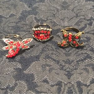 Bundle of 3 Blingy Rings, Gold-Tone w/ Red Sparkles, Adjustable Sz—Vintage